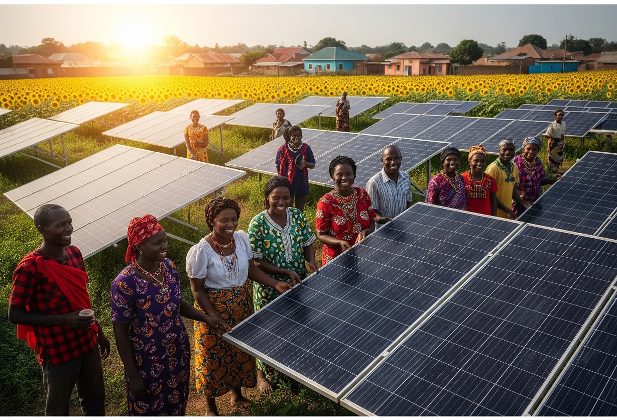 Solar panels and wind turbines in an African landscape